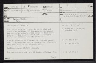 Balclaggan, NC70SW 4, Ordnance Survey index card, page number 1, Recto