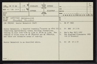 Wester Badanloch, NC73SE 14, Ordnance Survey index card, page number 1, Recto