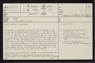 Clachan, Farr Church Of Scotland Parish Church, Cross Slab, NC76SW 11, Ordnance Survey index card, page number 1, Recto