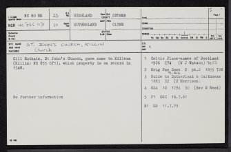 Killin, St John's Church, NC80NE 23, Ordnance Survey index card, page number 1, Recto