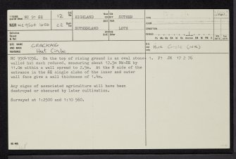 Crackaig, NC91SE 12, Ordnance Survey index card, page number 1, Recto