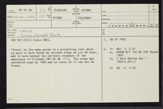 Crois, NC92SW 22, Ordnance Survey index card, page number 1, Recto