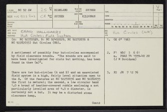 Craig Halligarry, NC92SW 25, Ordnance Survey index card, page number 1, Recto