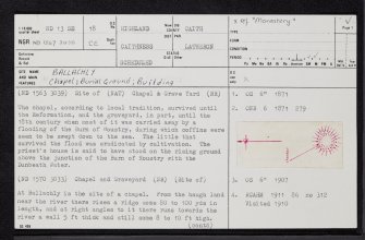 Ballachly, 'Monastery', ND13SE 18, Ordnance Survey index card, page number 1, Recto