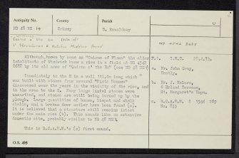 South Ronaldsay, Windwick, Cairns O' The Bu, ND48NE 14, Ordnance Survey index card, Recto