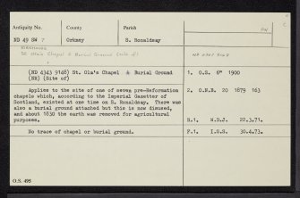 South Ronaldsay, Kirkhouse, St Ola's Chapel, ND49SW 7, Ordnance Survey index card, Recto