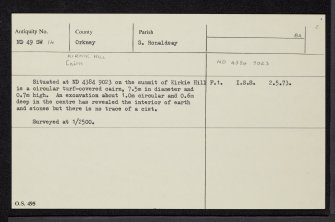 South Ronaldsay, Kirkie Hill, ND49SW 14, Ordnance Survey index card, Recto