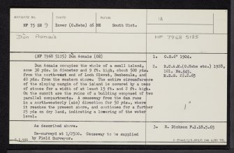 Benbecula, Loch Olavat, Dun Aonais, NF75SE 9, Ordnance Survey index card, Recto