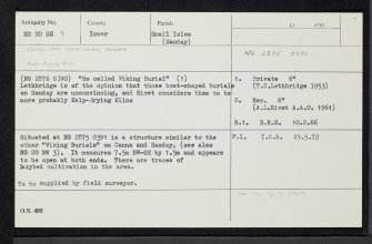 Sanday, Creag Nam Faoileann, 'Viking Burial', NG20SE 9, Ordnance Survey index card, Recto