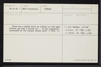 Skye, Portree, Old Parish Church, NG44SE 13, Ordnance Survey index card, Recto