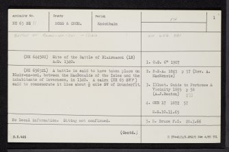 Battle Of Blairnacoi, Drumderfit Hill, NH65SE 11, Ordnance Survey index card, page number 1, Recto