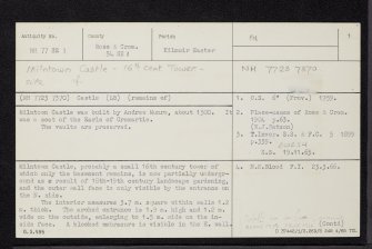 Milntown Castle, NH77SE 1, Ordnance Survey index card, page number 1, Recto