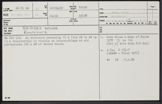 Geddes House, NH85SE 21, Ordnance Survey index card, page number 1, Recto