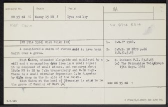 Kist Cairn, NH95SE 16, Ordnance Survey index card, Recto