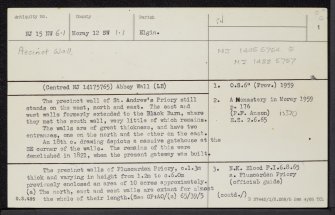 Pluscarden Abbey, Precinct Wall, NJ15NW 6.1, Ordnance Survey index card, page number 1, Recto