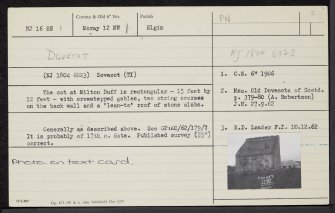 Miltonduff, Dovecot, NJ16SE 1, Ordnance Survey index card, Recto