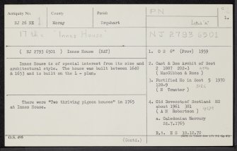 Innes House, NJ26NE 1, Ordnance Survey index card, page number 1, Recto