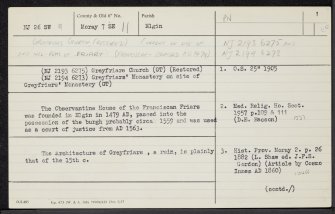 Elgin, Abbey Street, Convent Of Mercy, Greyfriars' Church, NJ26SW 11, Ordnance Survey index card, page number 1, Recto