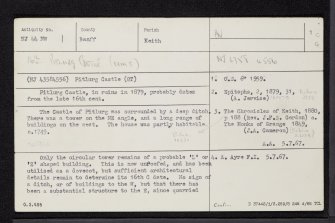 Pitlurg Castle, NJ44NW 1, Ordnance Survey index card, page number 1, Recto