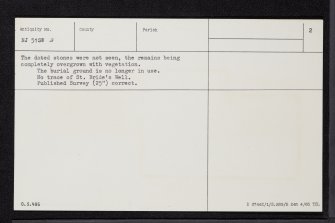 Kirkton Of Cushnie, St Bride's Church, Churchyard And Well, NJ51SW 2, Ordnance Survey index card, page number 2, Verso