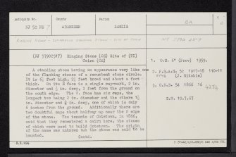 Johnston, The Ringing Stone, NJ52NE 7, Ordnance Survey index card, page number 1, Recto