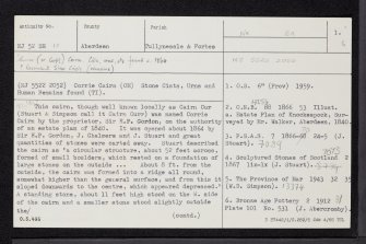 Corrie Cairn, NJ52SE 13, Ordnance Survey index card, page number 1, Recto