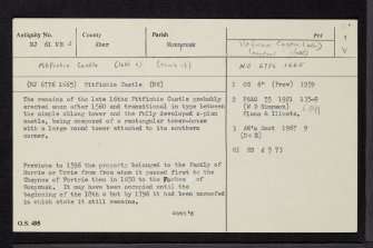 Pitfichie Castle, NJ61NE 2, Ordnance Survey index card, page number 1, Recto