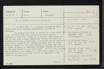 Monymusk Priory, NJ61NE 8, Ordnance Survey index card, page number 1, Recto