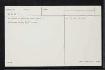 Lickleyhead Castle, NJ62SW 22, Ordnance Survey index card, Verso