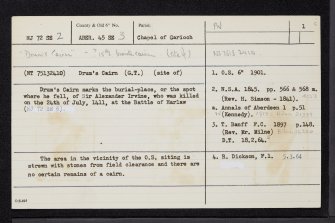Pley Fauld, 'Drum's Cairn', NJ72SE 2, Ordnance Survey index card, page number 1, Recto