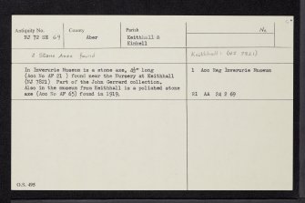 Keith Hall, NJ72SE 69, Ordnance Survey index card, Recto