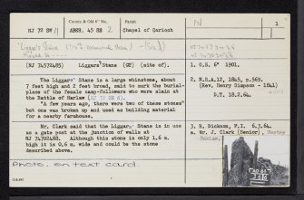 Liggars' Stane, NJ72SW 11, Ordnance Survey index card, page number 1, Recto