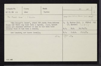 House Of Schivas, 'The Priest's Grave', NJ83NE 28, Ordnance Survey index card, Recto
