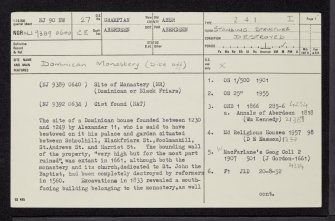 Aberdeen, Dominican Friary, NJ90NW 27, Ordnance Survey index card, page number 1, Recto