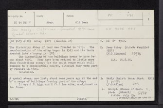 Deer Abbey, NJ94NE 5, Ordnance Survey index card, page number 1, Recto