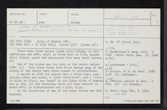 Cairns Of Memsie, NJ96SE 1, Ordnance Survey index card, page number 1, Recto