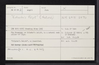 Garvellachs, Eileach An Naoimh, Columba's Pulpit, NM60NW 2, Ordnance Survey index card, Recto