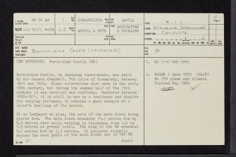 Barcaldine Castle, NM94SW 1, Ordnance Survey index card, page number 1, Recto