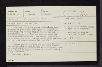 Strachur, Kilmaglash Parish Church And Sculptured Stones, NN00SE 10, Ordnance Survey index card, Recto