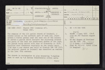 Loch Awe, Inishail Old Parish Church, NN02SE 2, Ordnance Survey index card, page number 1, Recto