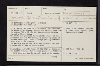 Lake Of Menteith, Inch Talla, Talla Castle, NN50SE 5, Ordnance Survey index card, page number 1, Recto