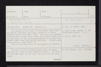 Colliechat Castle, NN60SE 6, Ordnance Survey index card, page number 1, Recto
