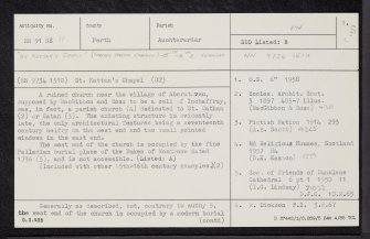 Aberuthven, St Kattan's Chapel, NN91NE 11, Ordnance Survey index card, page number 1, Recto
