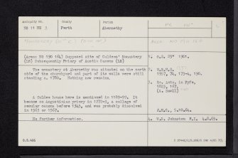 Abernethy, 'Culdees' Monastery', NO11NE 3, Ordnance Survey index card, Recto