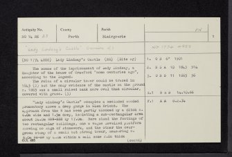 Lady Lindsay's Castle, NO14NE 23, Ordnance Survey index card, page number 1, Recto