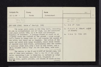 Grey Cairn, Balnabroich, NO15NW 1, Ordnance Survey index card, page number 1, Recto