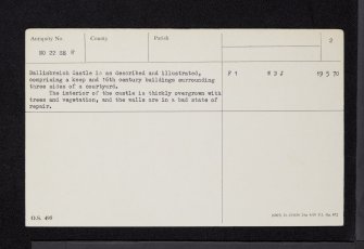 Ballinbreich Castle, NO22SE 8, Ordnance Survey index card, page number 2, Verso