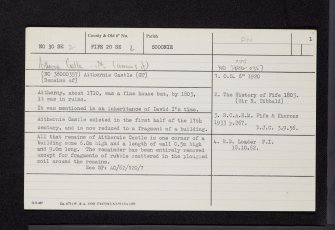 Aithernie Castle, NO30SE 2, Ordnance Survey index card, page number 1, Recto
