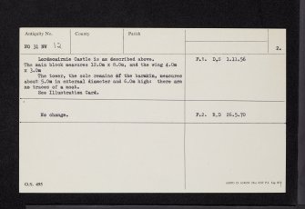 Lordscairnie Castle, NO31NW 12, Ordnance Survey index card, page number 2, Verso