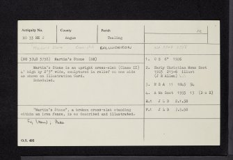 Balluderon, 'st Martins Stone', NO33NE 2, Ordnance Survey index card, Recto